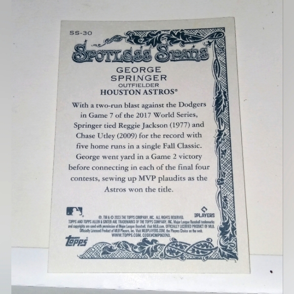 George Springer Spotless Spans Topps Allen & Ginter 2023 #SS-30 - Picture 2 of 2